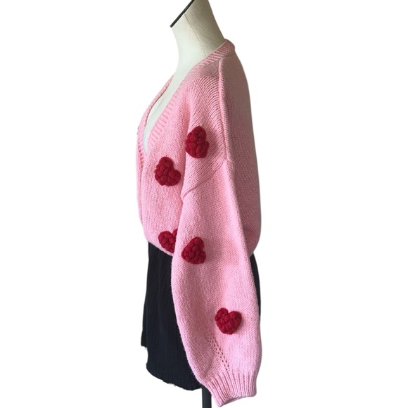 NWT LUNA IVY Heart 3D Knitted Chunky Cardigan Sweater Pink Red Open Front - Picture 3 of 9